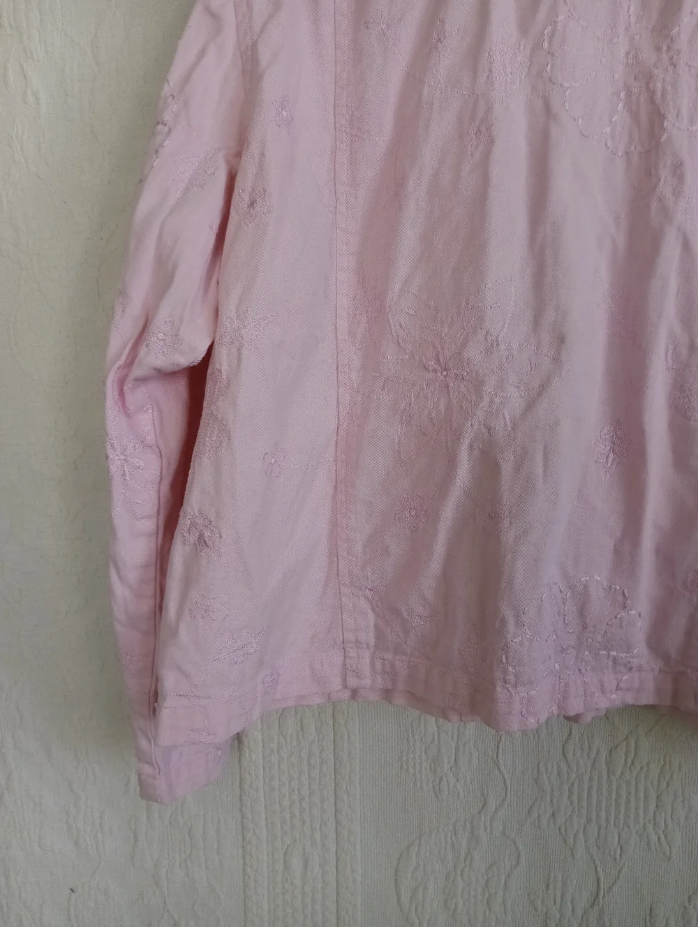 KEREN hart Light Pink Embroidered Jean Jacket Pastel Femme Floral Boho Western